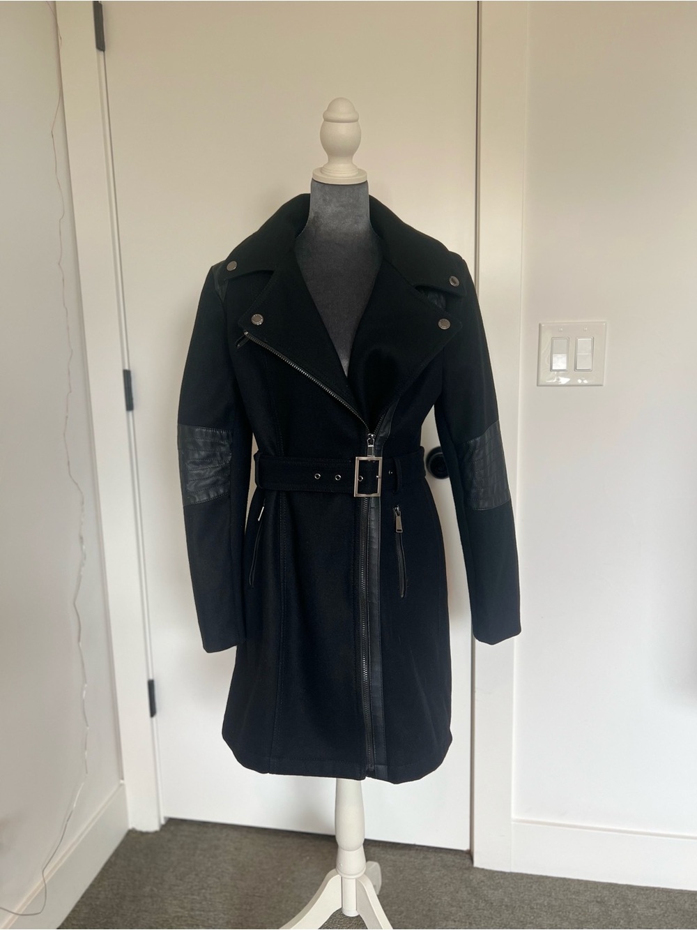 BCBGeneration Black Belted Trench Coat with Moto Details